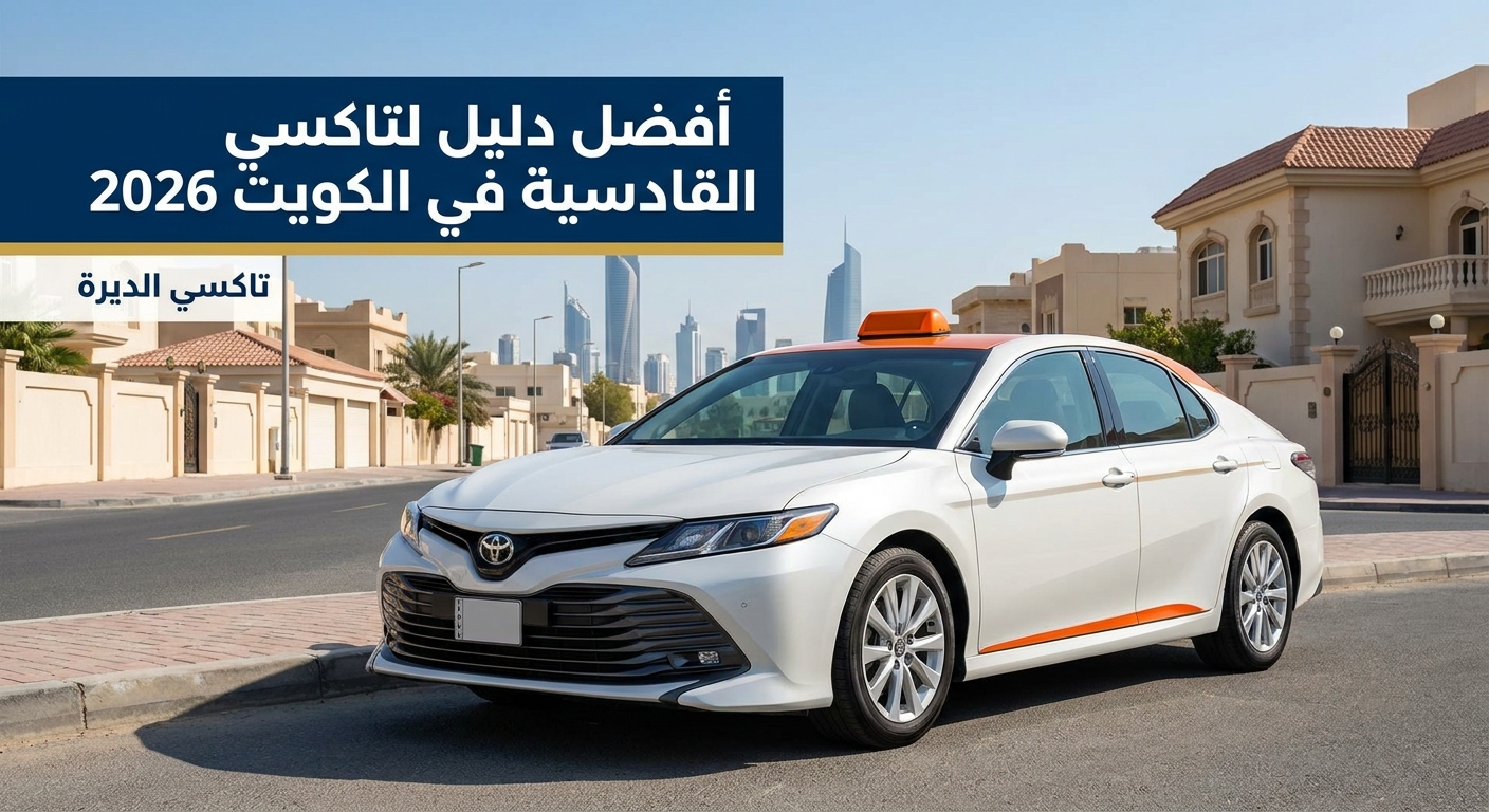 A realistic scene of a modern taxi waiting at a curb in Al-Qadesia, Kuwait, with the city skyline in the background. Alt: تاكسي القادسية ينتظر في شارع القادسية
