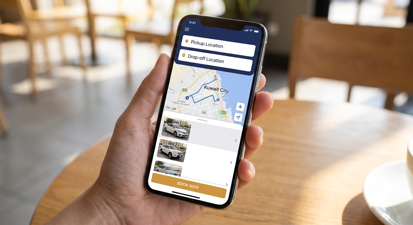 A realistic illustration of a smartphone screen showing the taxi booking app interface, with clear pickup and drop‑off fields. Alt: واجهة تطبيق حجز تاكسي القادسية على الهاتف
