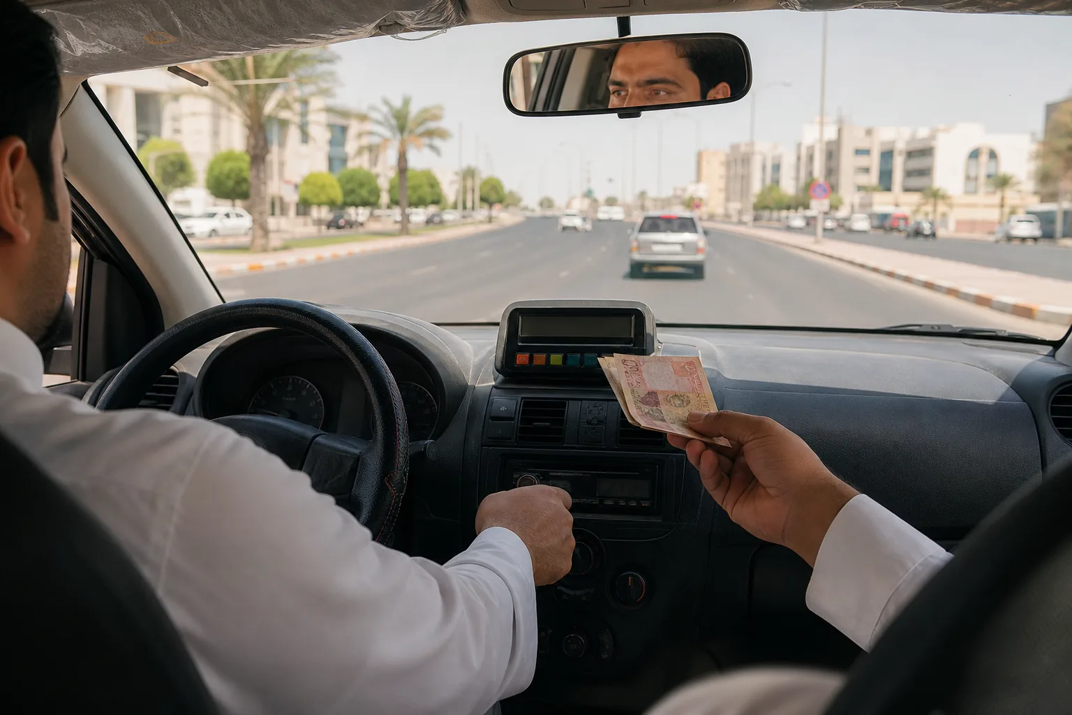 مشهد واقعي داخل سيارة تاكسي في الكويت يظهر عداد الرحلة ويدًا تستعد للدفع دون أرقام هاتف أو بيانات شخصية، مع طريق أمغرة في