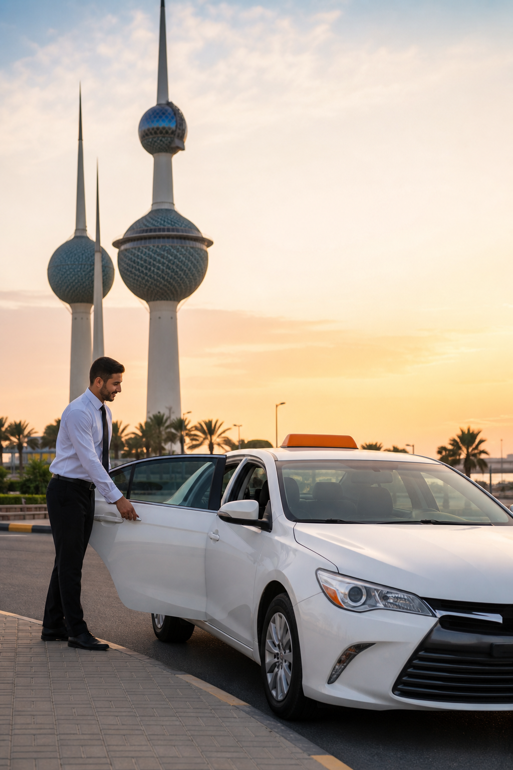 صورة واقعية لسيارة <a href="https://xn--mgbf2a4dsb.taxi" rel="noopener" target="_blank">تاكسي الديرة</a> الحديثة واقفة أمام معلم في الأحمدي، مثل أبراج الكويت، مع سائق محترف يفتح الباب. Alt: تاكسي الديرة في الأحمدي - خدمة موثوقة على مدار الساعة