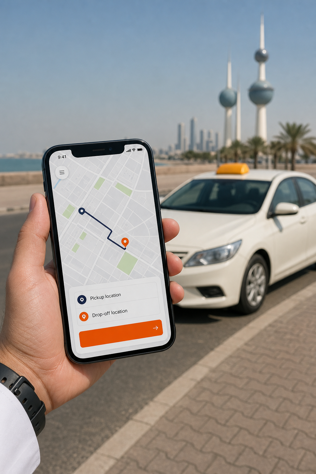 لقطة شاشة واقعية لتطبيق تاكسي الديرة على هاتف ذكي، مع واجهة حجز بسيطة توضح موقع الركوب والوجهة. Alt: تطبيق حجز تاكسي الديرة في الأحمدي