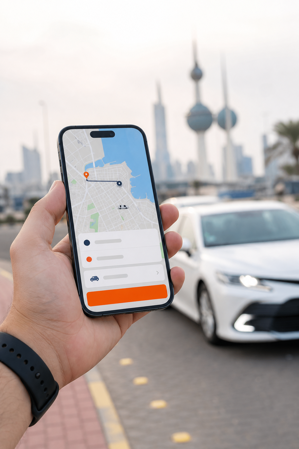 صورة واقعية ليد تمسك بهاتف ذكي مفتوح على تطبيق حجز التاكسي، وخلفية ضبابية لشوارع الكويت. Alt: حجز تاكسي الرقة عبر تطبيق تاكسي الديرة