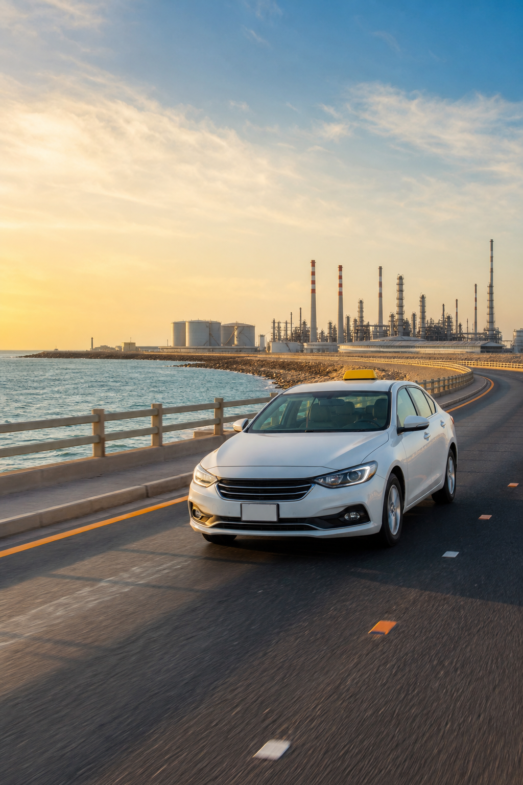 A photorealistic scene of a modern taxi car driving along a coastal road in Al-Zour, Kuwait, with industrial facilities and the Arabian Gulf visible in the background. The car is clean and professional in appearance, with warm late-afternoon sunlight. Brand accent color #FF6B00 is subtly reflected in the road markings. Alt: تاكسي الزور الكويت على الطريق الساحلي بمنطقة الأحمدي