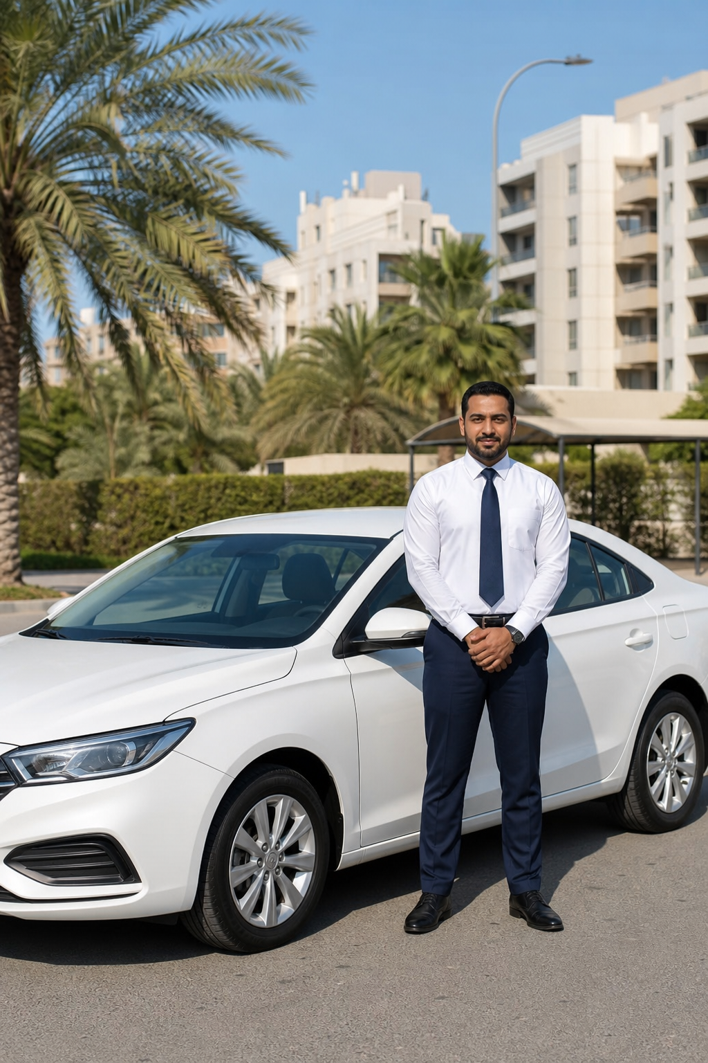 A professional taxi driver in a clean, well-maintained sedan car parked in a residential area in Kuwait, with palm trees and modern apartment buildings in the background. The driver is in a neat uniform, ready to assist passengers. The scene is bright and realistic with natural daylight. Alt: سائق تاكسي الديرة في منطقة الزور الكويت