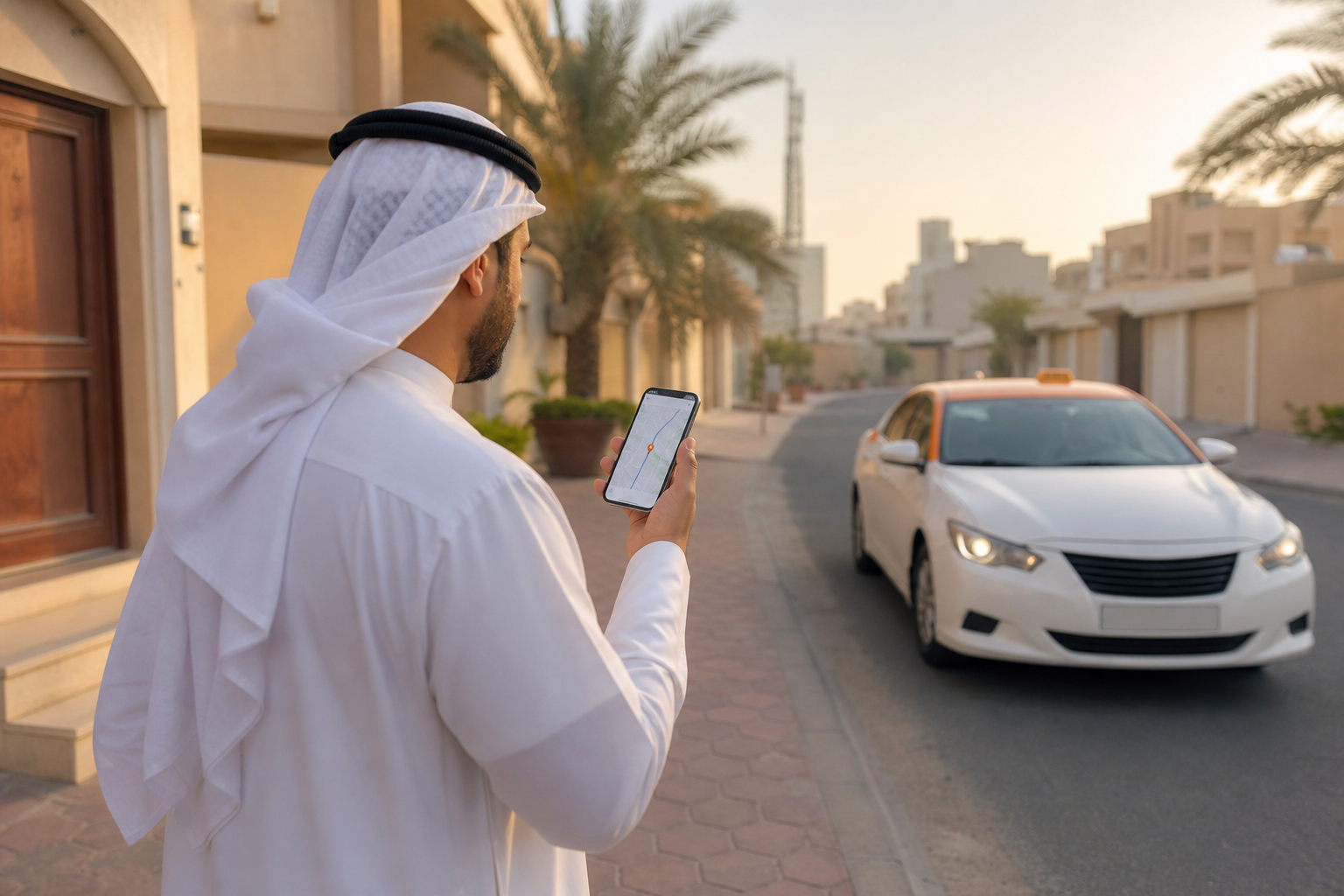 مشهد واقعي لشخص يحجز سيارة أجرة من هاتفه أمام منزل في العارضية، سيارة كويتية في الخلفية، ألوان دافئة ولمسة برتقالية، دون رقم