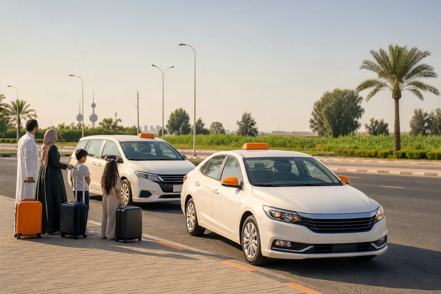 صورة واقعية لسيارة أجرة سيدان وسيارة عائلية حديثتين تسيران على طريق في منطقة العبدلي بالكويت، مع عائلة تحمل حقائب قرب