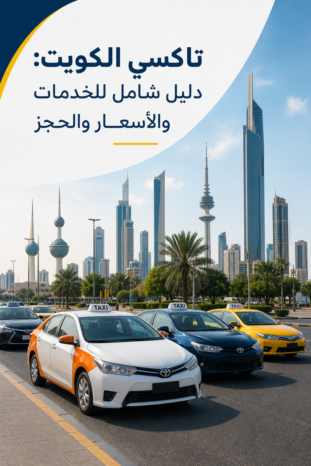 صورة واقعية لسيارات تاكسي متعددة الألوان متوقفة في شارع كويتي مزدحم، مع أبراج العاصمة في الخلفية. Alt: أنواع سيارات تاكسي الكويت في الشارع