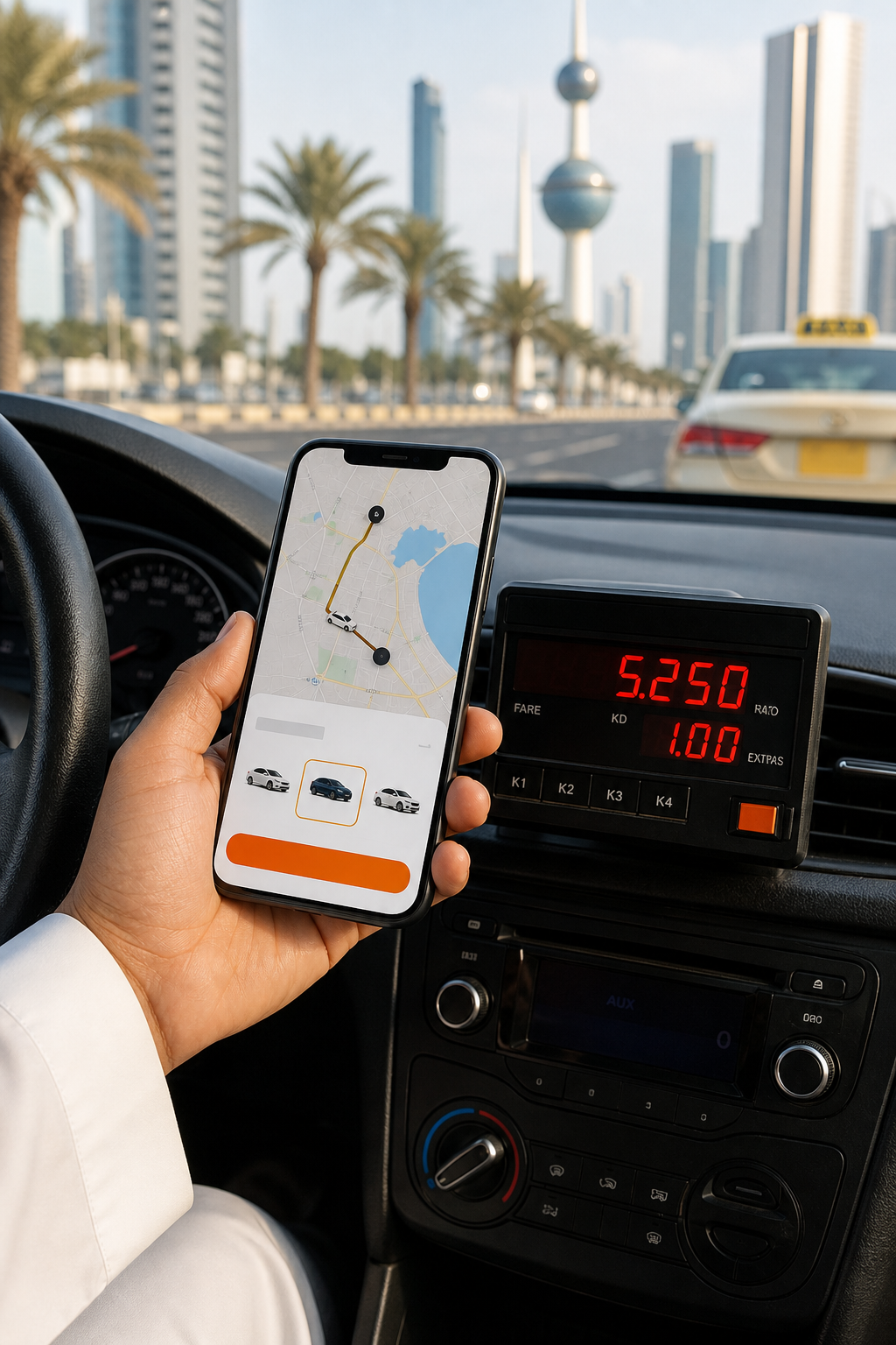 صورة لجانب من لوحة قيادة تاكسي مع تطبيق حجز مفتوح على الهاتف بجوار العداد. Alt: مقارنة بين التاكسي التقليدي وتطبيقات النقل الذكية