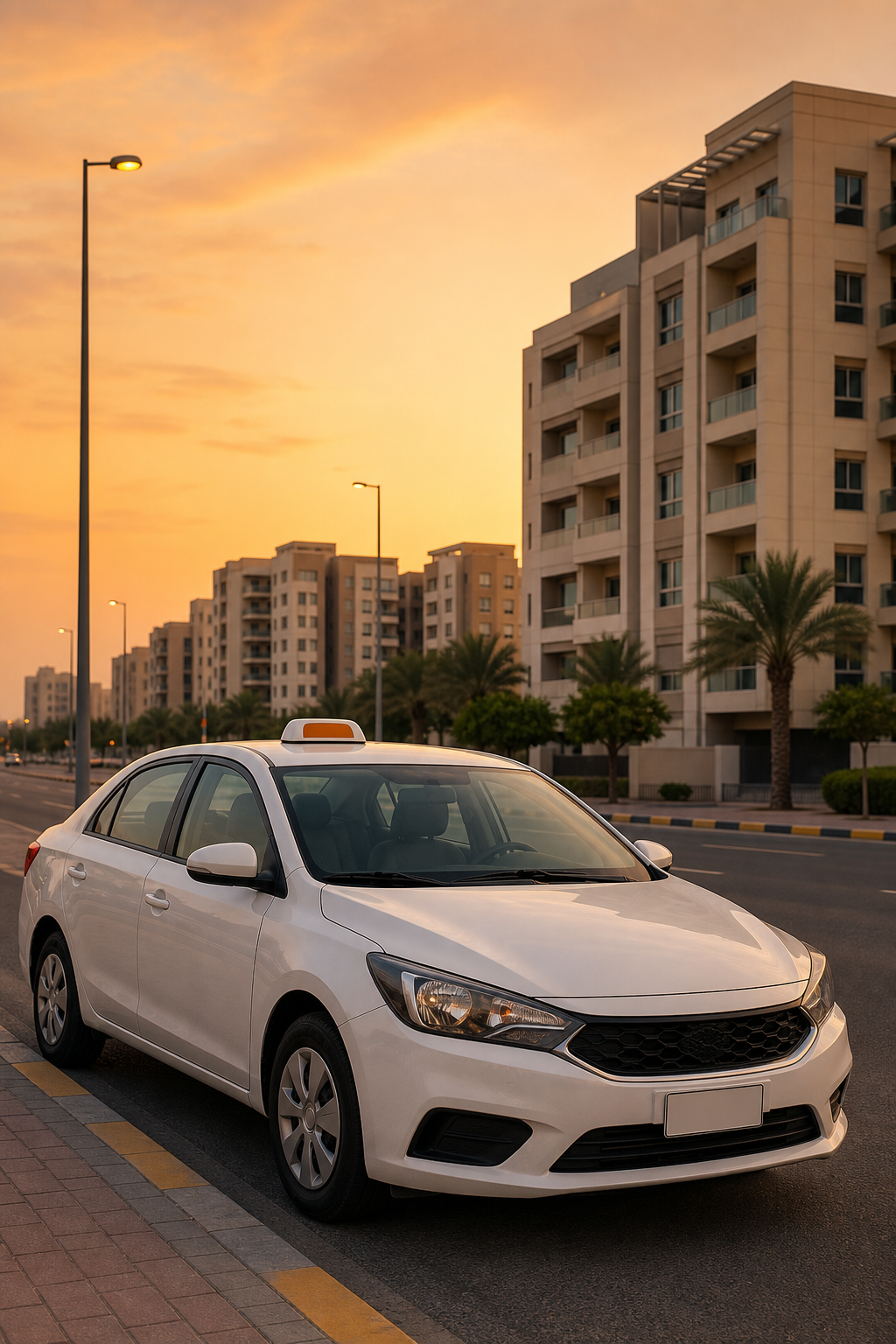 A real taxi car parked on a wide street in the Jaber Al-Ali area of Kuwait, with modern residential buildings in the background and warm orange-tinted evening light, photorealistic style, brand color #FF6B00 accent visible on a subtle signage element. Alt: تاكسي في منطقة جابر العلي بالكويت