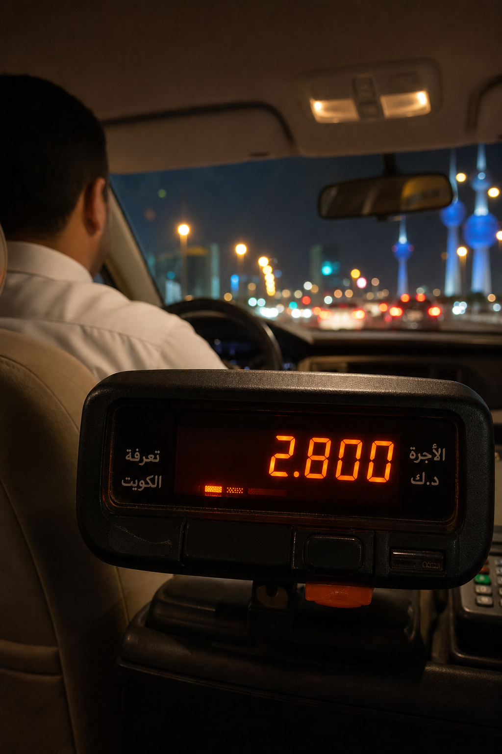 A taxi meter display inside a Kuwait taxi car showing fare digits, with the driver's seat visible in the background and warm interior lighting, photorealistic Kuwait setting, brand accent color #FF6B00 subtly visible. Alt: عداد تاكسي في الكويت يعرض التعرفة الرسمية