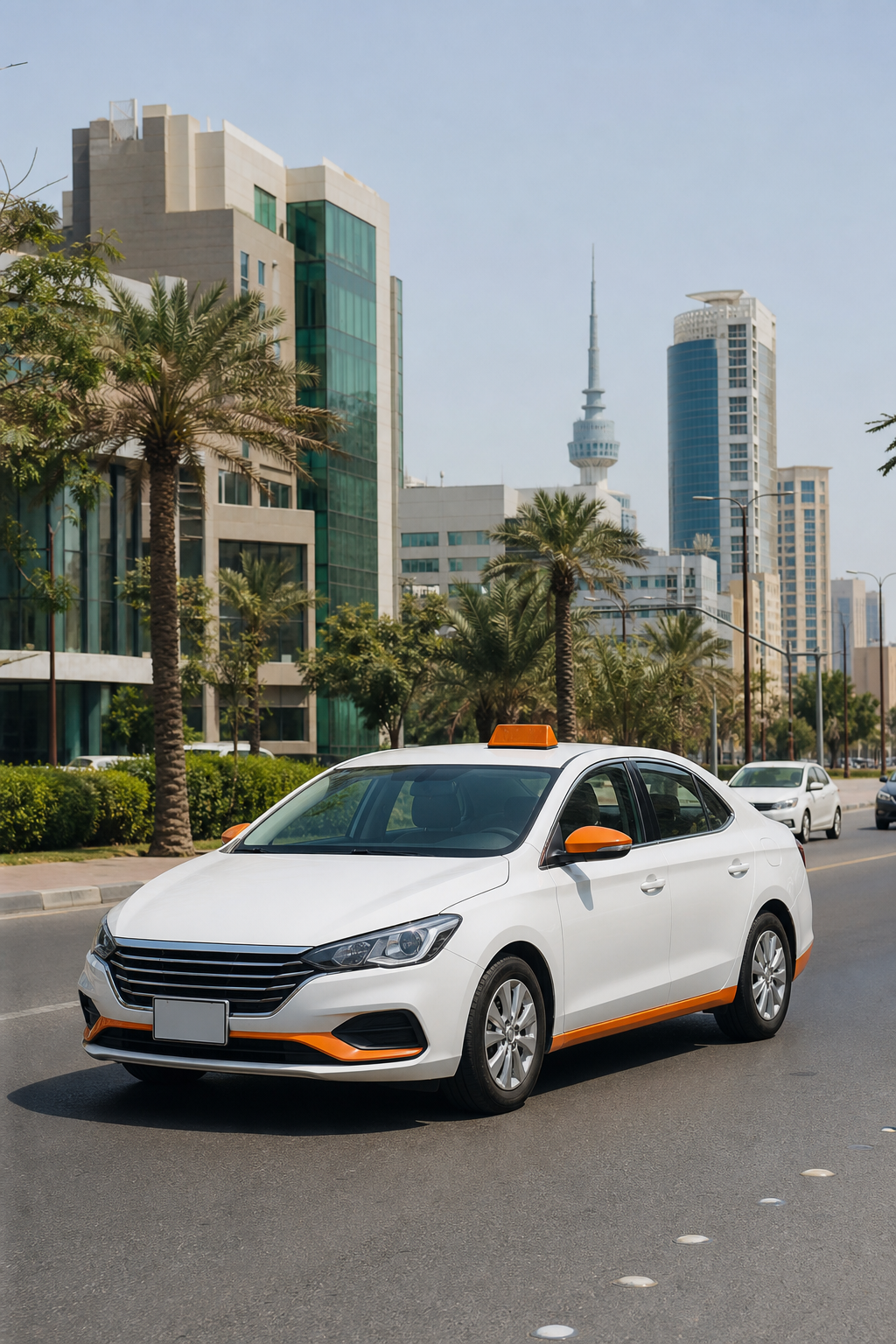 A professional taxi sedan driving through a clean Kuwaiti urban street during daylight hours, with modern buildings and palm trees in the background. The car is well-maintained and realistic, captured in natural lighting. Brand accent color #FF6B00 subtly present. Alt: تاكسي الديرة في الكويت للتنقل إلى قرطبة