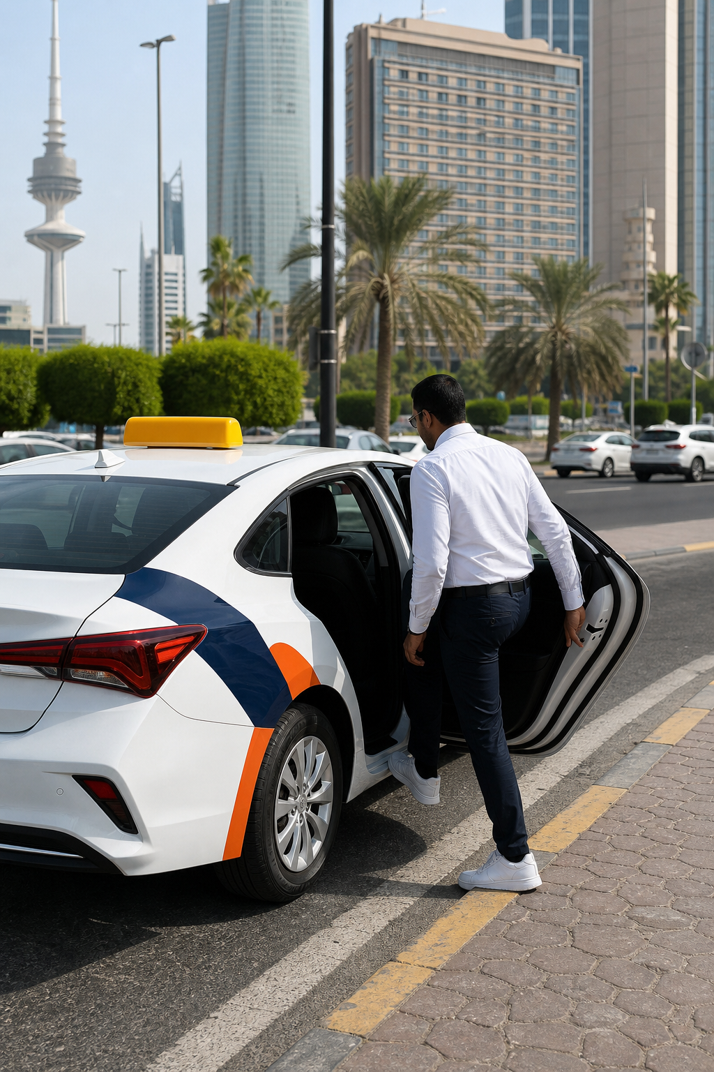 A realistic photo of a ride-hailing car in Kuwait City streets, with a passenger getting in, daytime. Alt: سيارة نقل في شوارع الكويت مع راكب يصعد
