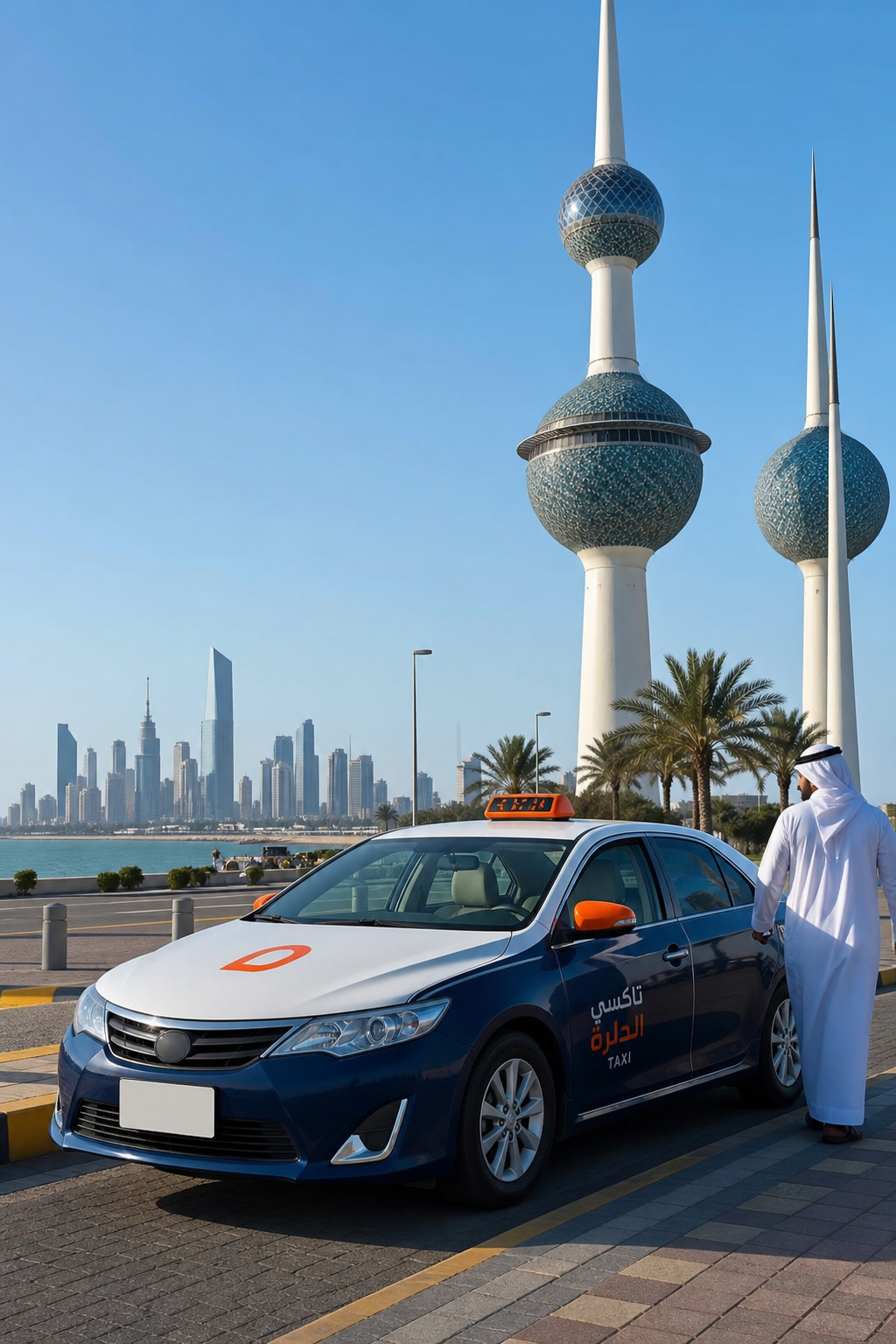 A photorealistic street scene in Kuwait showing a taxi pulling up near Kuwait Towers with a clear view of city skyline, Realism style. Alt: تاكسي أمام أبراج الكويت