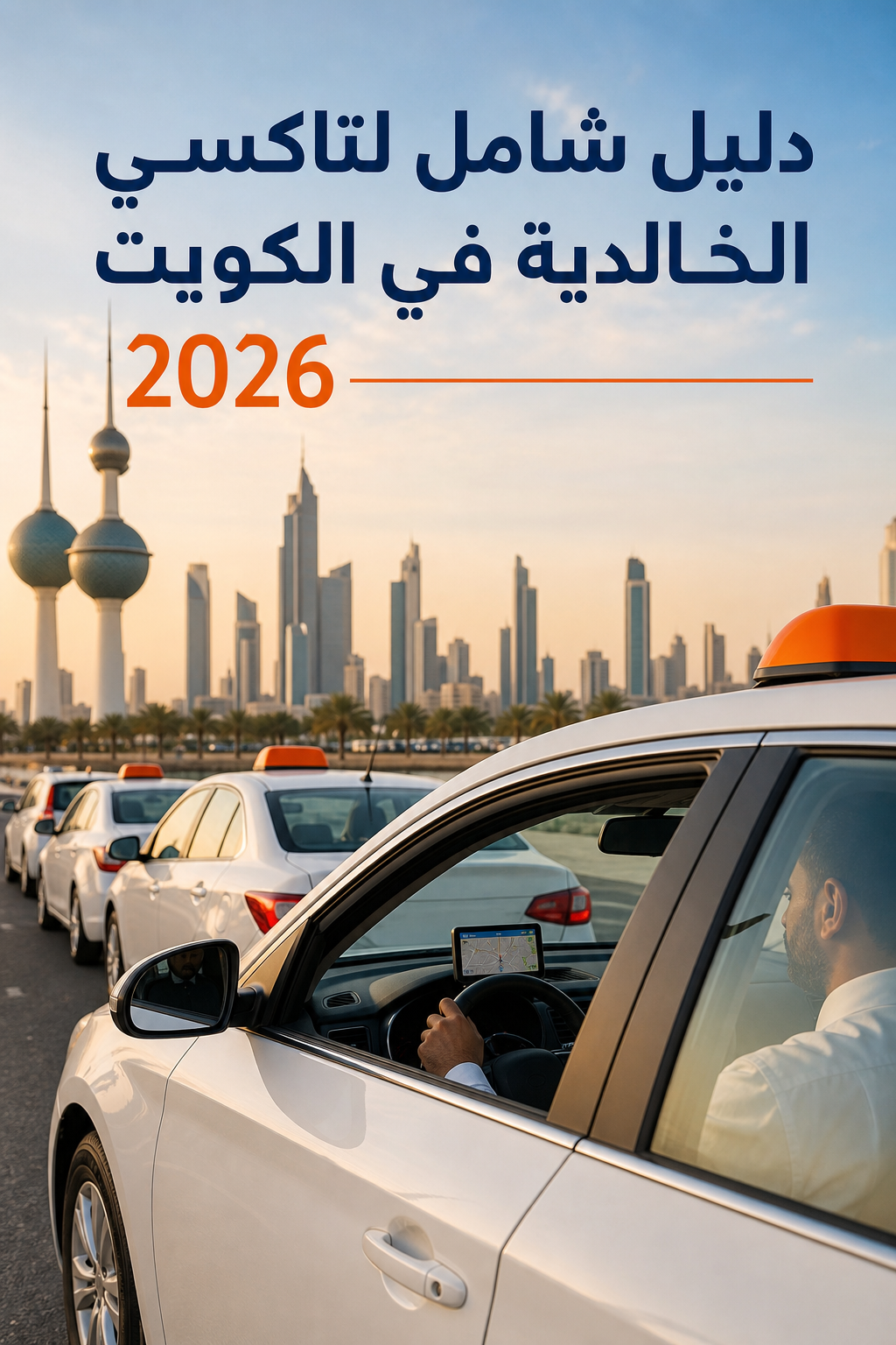 A realistic scene showing a fleet of modern taxis in Kuwait, with GPS devices visible on the dashboard and drivers in professional attire. Alt: أسطول تاكسي الخالدية في الكويت