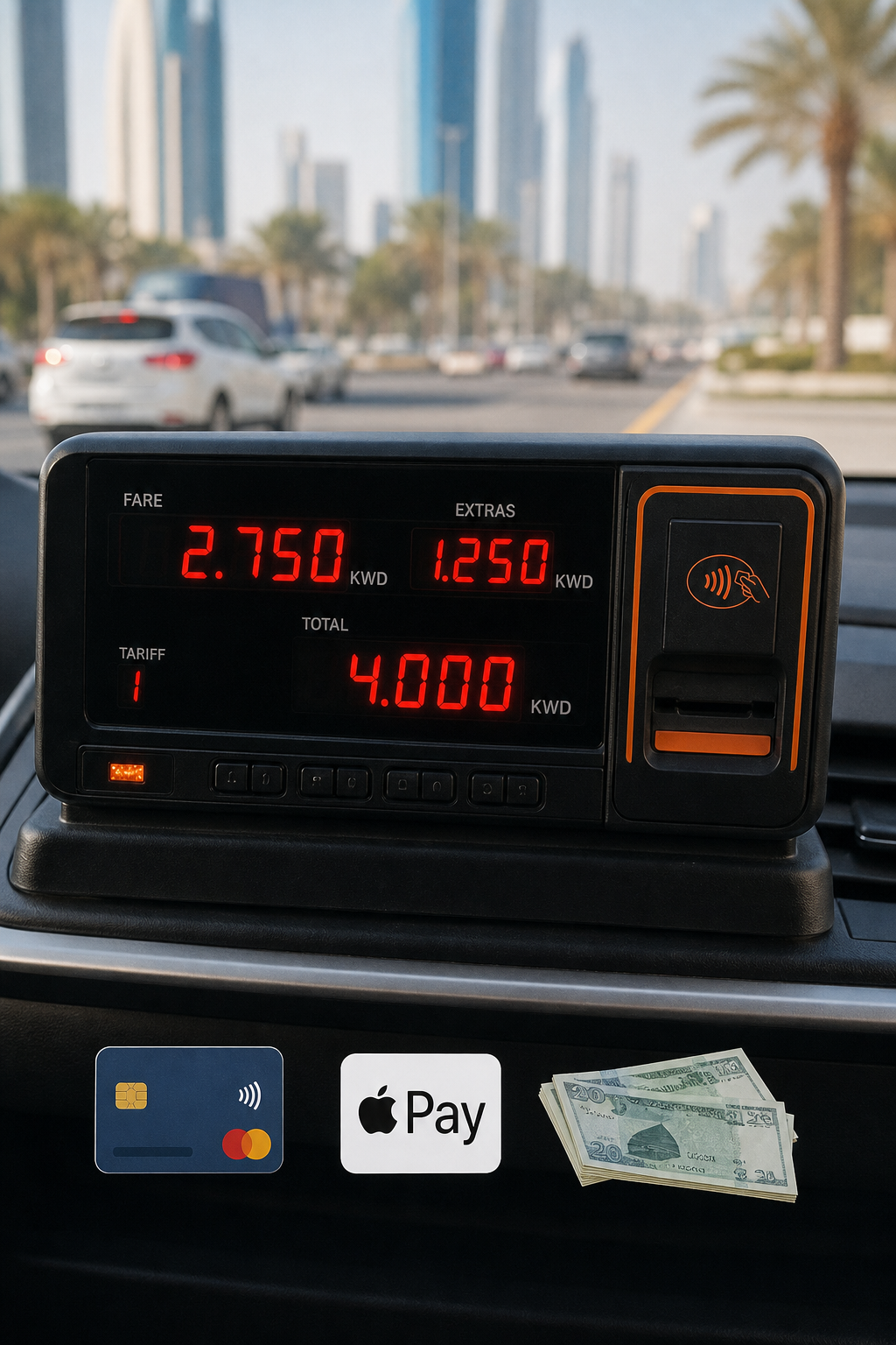 A realistic image of a taxi fare meter displaying clear pricing, with icons of credit card, Apple Pay, and cash beside it. Alt: أسعار تاكسي الخالدية وطرق الدفع