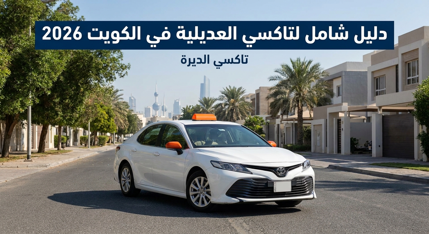 A realistic scene of a modern taxi driving through the streets of Al‑Adiliya, Kuwait, with the city skyline in the background. Alt: تاكسي العديلية في شارع العديلية