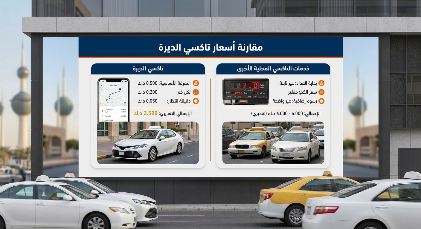 A realistic infographic showing a price comparison chart between تاكسي الديرة and other local taxi services in Kuwait, highlighting transparent fare structures. Alt: مقارنة أسعار تاكسي الديرة