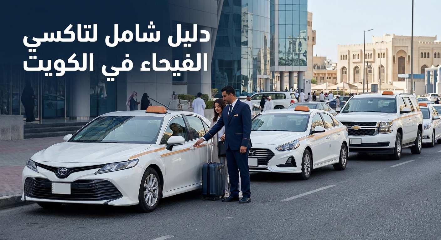 A realistic scene of a modern fleet of taxis parked on a busy street in Al-Faiha, Kuwait, showing various vehicle types and a professional driver assisting a passenger. Alt: