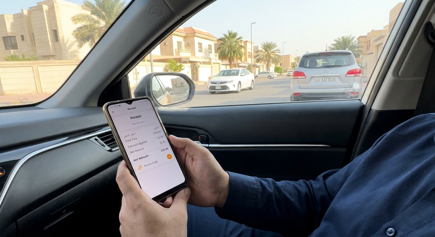 A realistic photo of a passenger reviewing a taxi fare receipt on a mobile screen in Al-Faiha, Kuwait, highlighting clear pricing and discount options. Alt:
