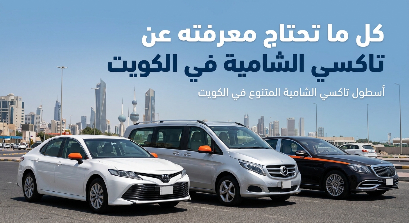 A realistic photo of a mixed fleet of taxis in Kuwait, showing sedan, family van, and luxury car on a city street, bright daylight, with the Kuwait skyline in the background. Alt: أسطول تاكسي الشامية المتنوع في الكويت