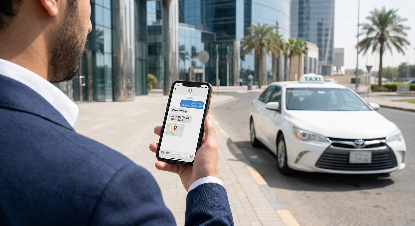A realistic scene of a passenger using a smartphone to book a taxi in Kuwait, with a chat window showing the booking details, and a taxi arriving on a street. Alt: حجز تاكسي الشامية عبر الهاتف أو تطبيق المراسلة