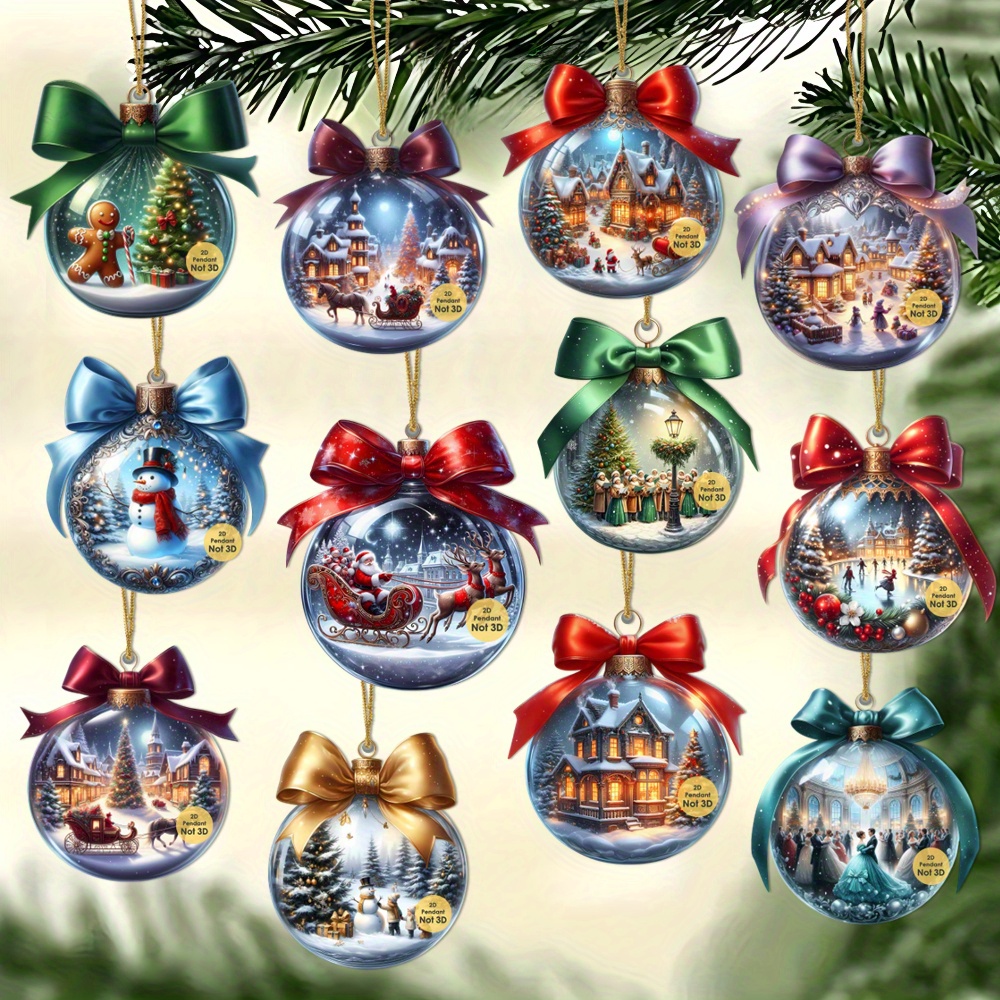 Twelve assorted Christmas ornaments hanging from a branch.