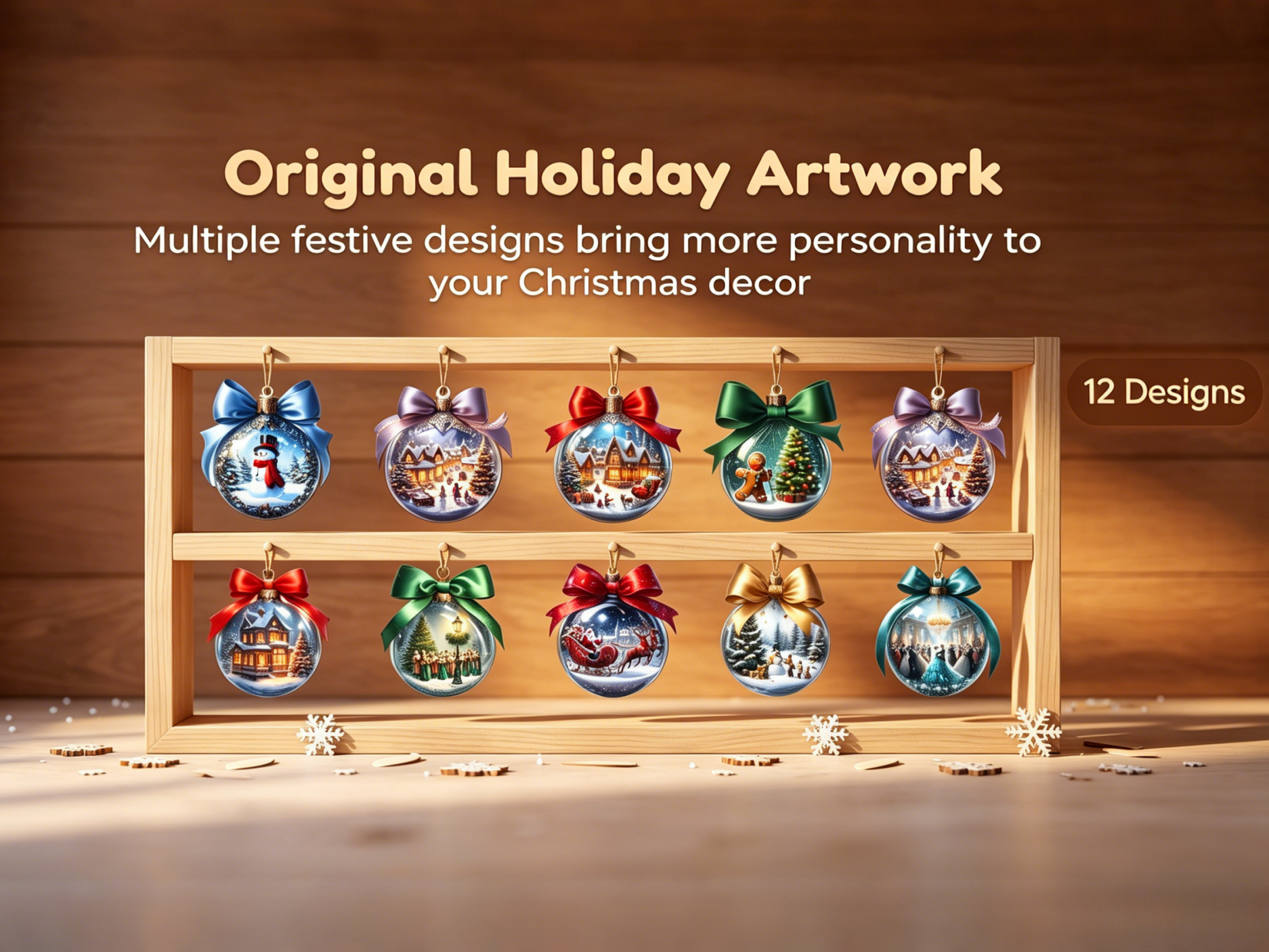Ten unique Christmas ornaments on a wooden display.