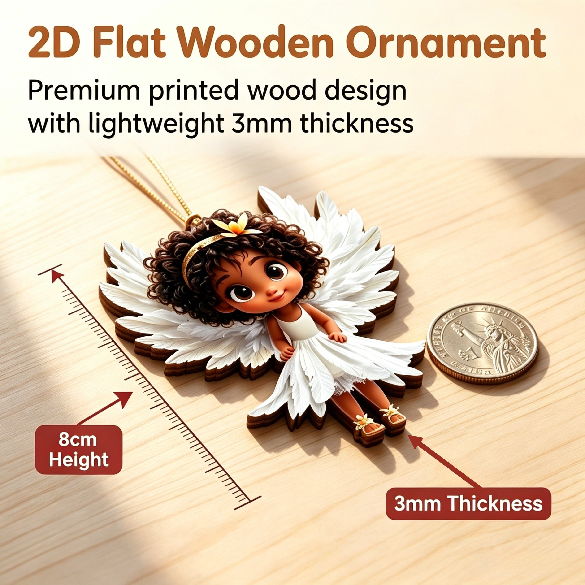 Flat wooden angel girl ornament with measurements