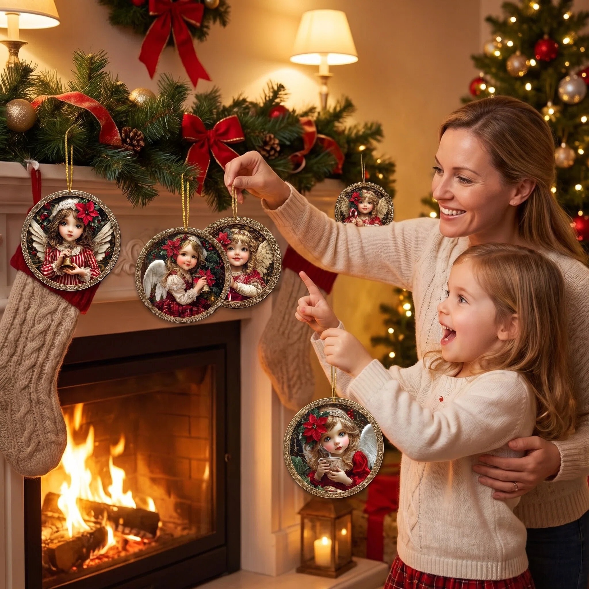 Mother and daughter decorating for Christmas with angel ornaments.