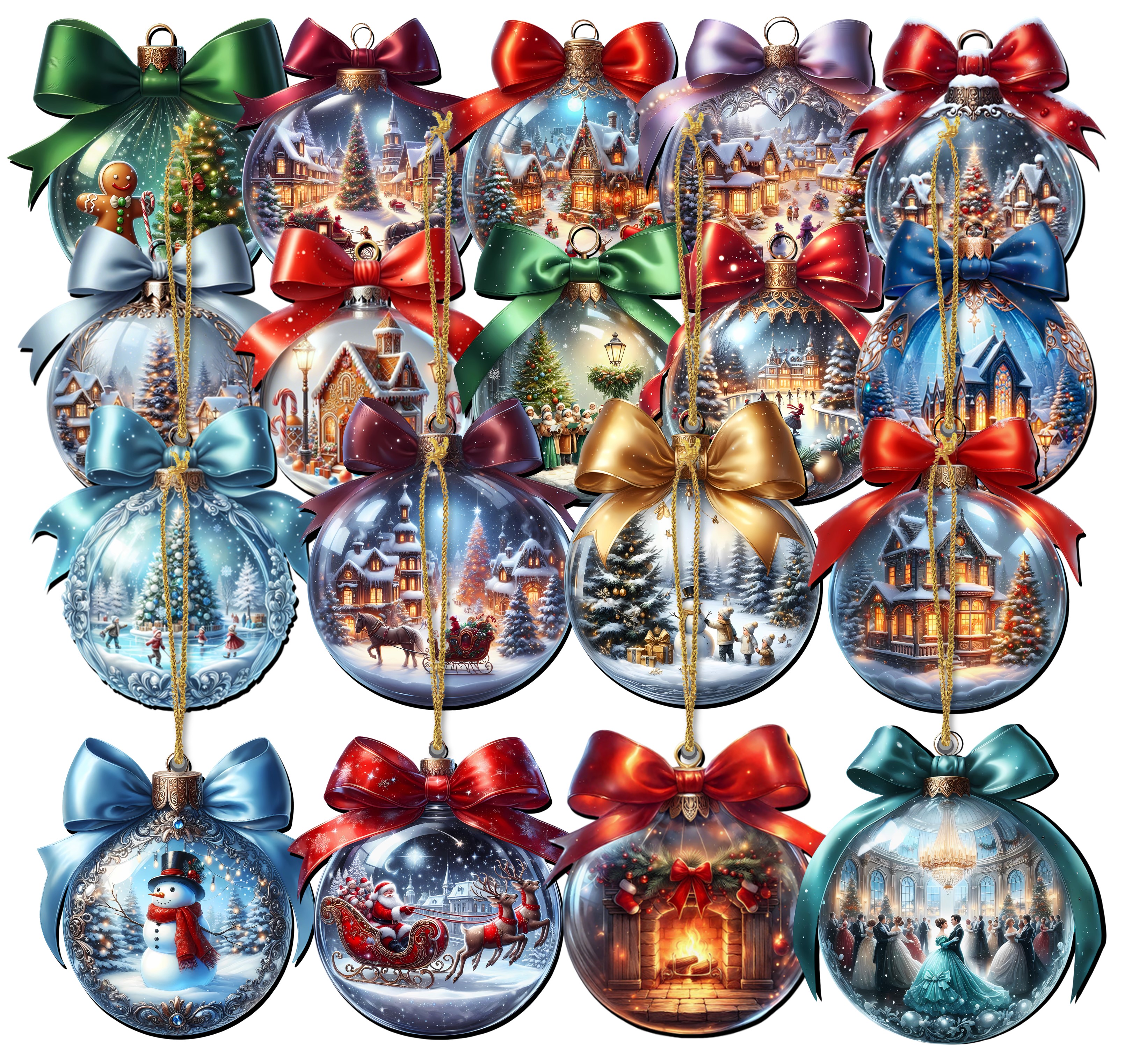 Sixteen Christmas ornaments with different holiday scenes.