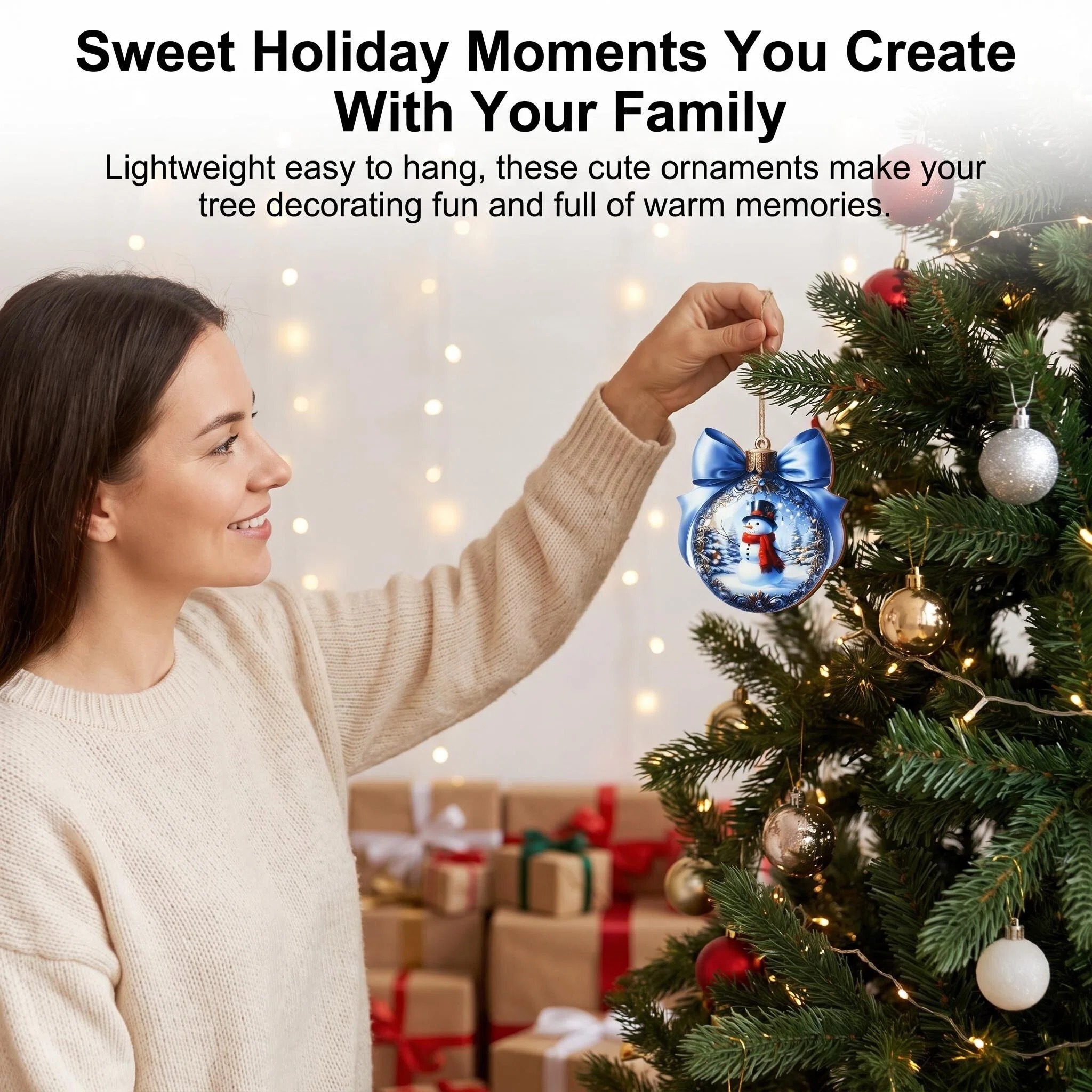 Woman decorating Christmas tree with snowman ornament.