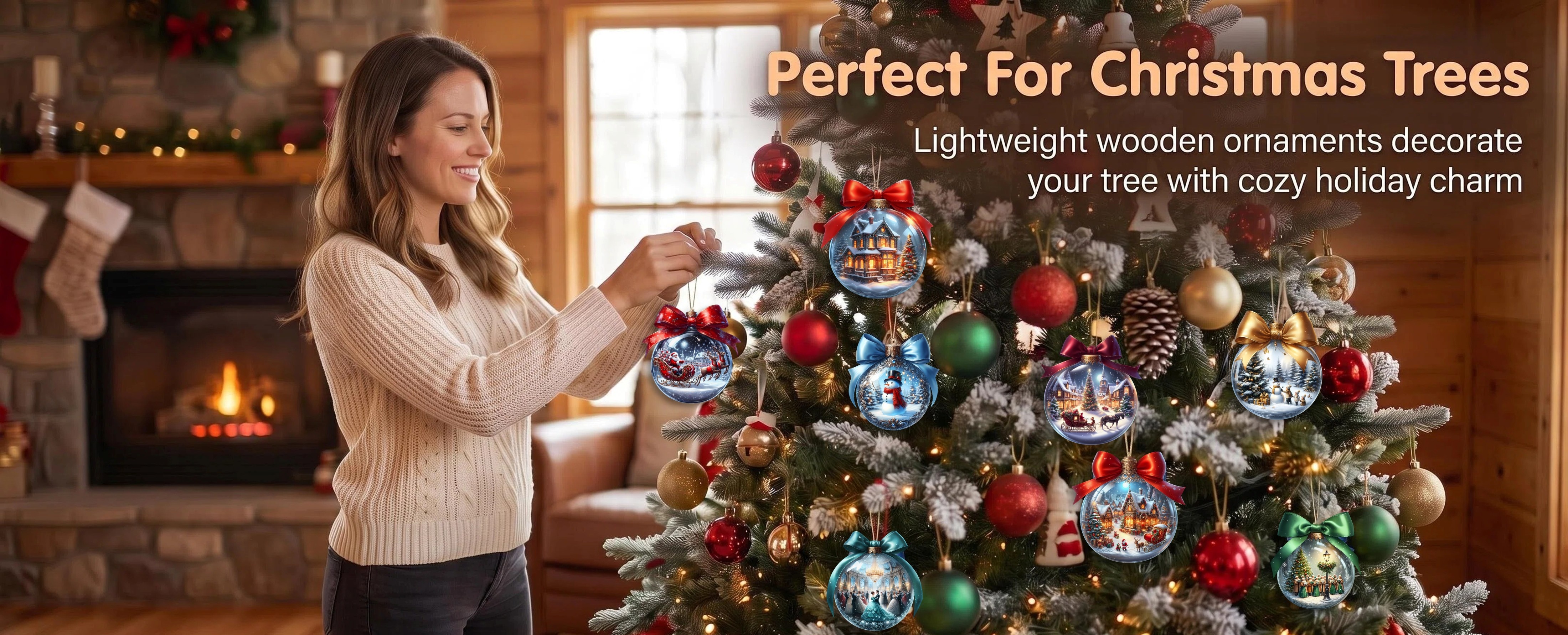 Woman decorating Christmas tree with ornaments