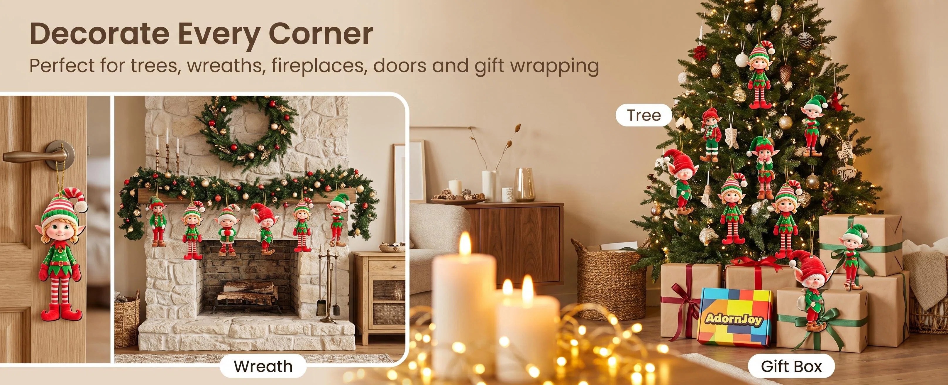 Elf ornaments on tree, door, fireplace, and gift boxes.