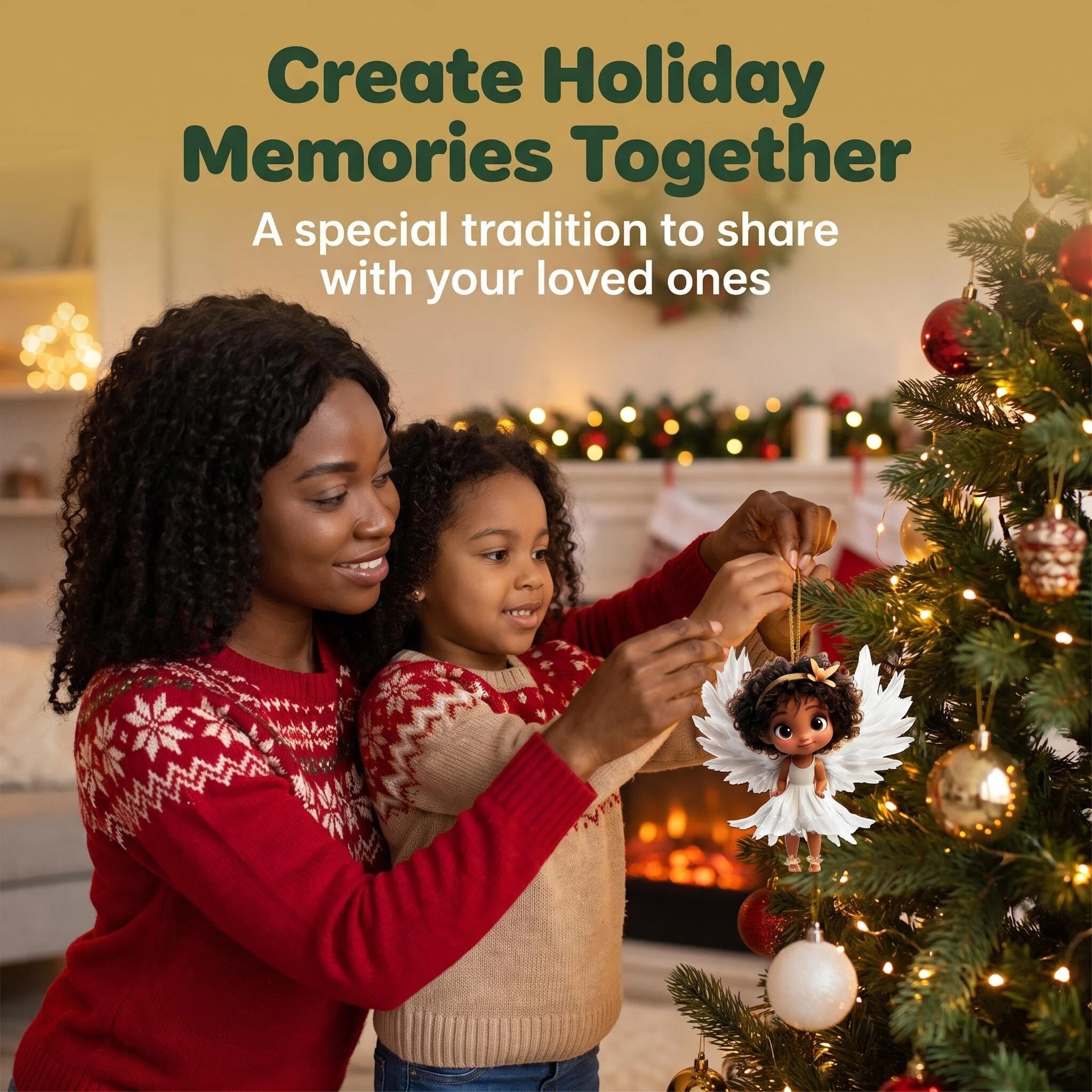 Woman and girl decorate a Christmas tree.