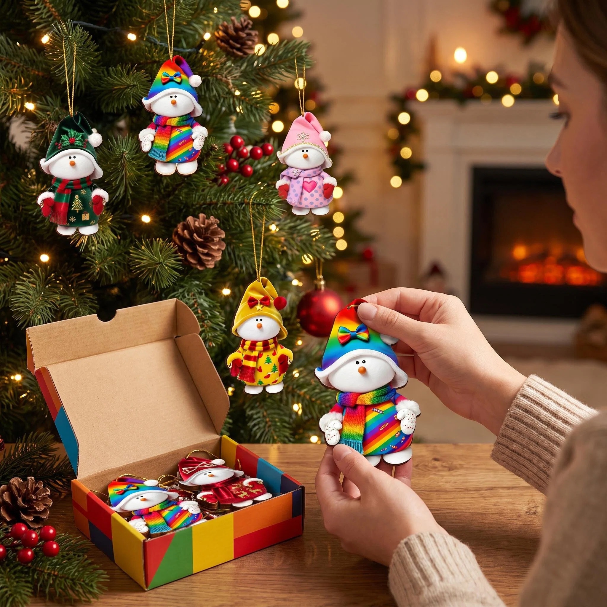 Person holding a snowman Christmas ornament.