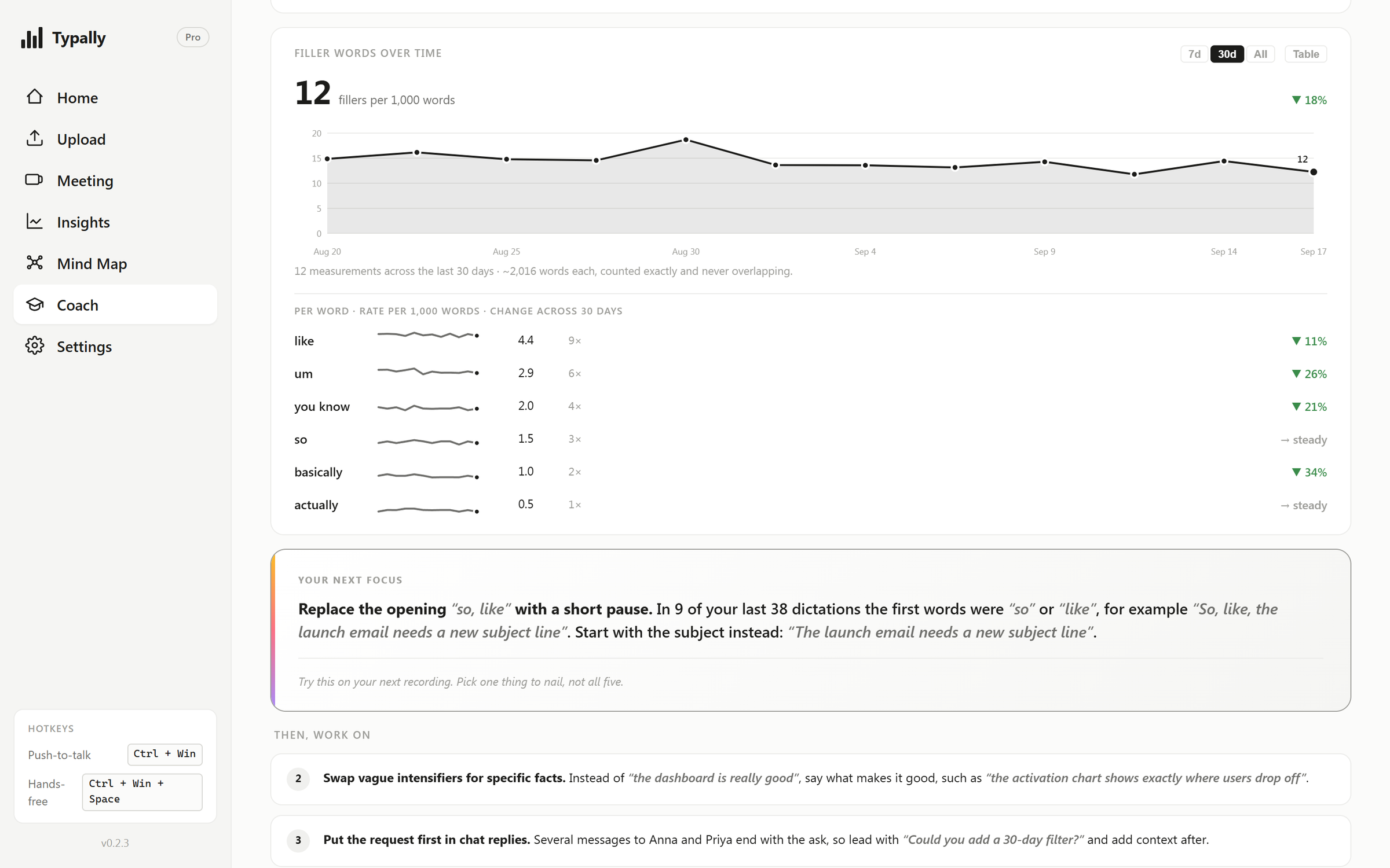 App coach filler words over time