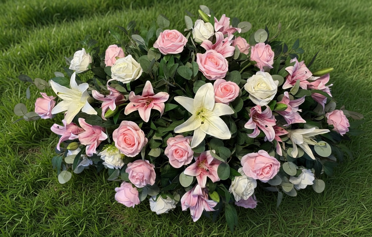 Floral arrangement with pink and white flowers on grass.