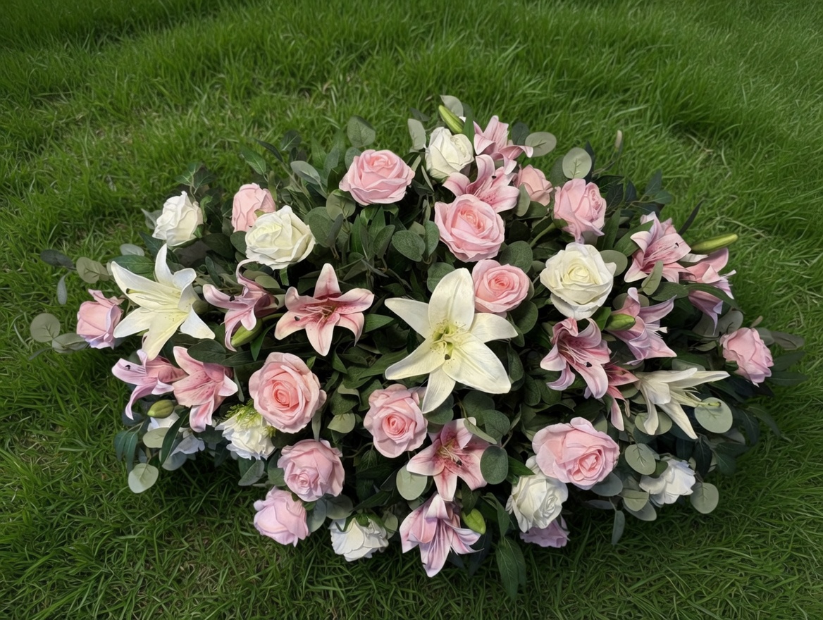 Oval flower arrangement on green grass.